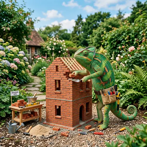 Green Chameleon Building with Bricks | Unique Construction Scene