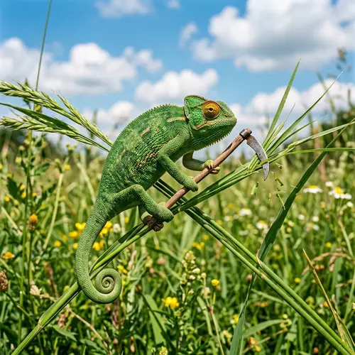 Green Chameleon Trimming Grass: Unique Nature Scene