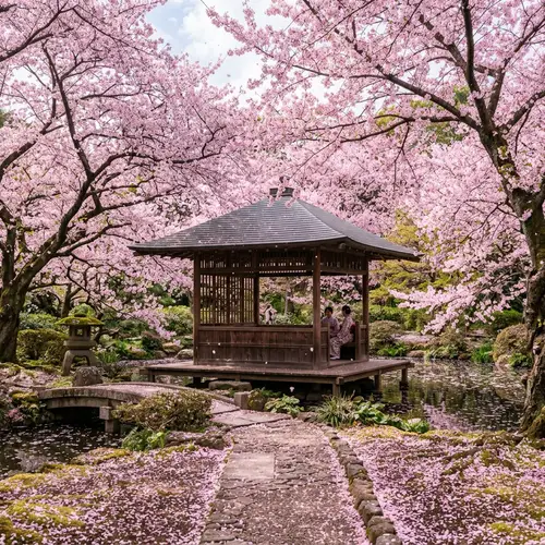 Tranquil Sakura Garden with Elegant Gazebo and Pink Blossoms