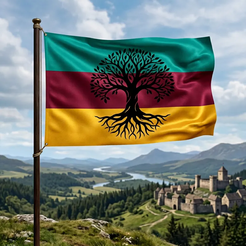 Symbolic Tree Flag in Vibrant Teal, Burgundy & Gold