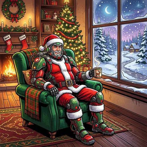 Festive Robotic Santa Claus in Plush Armchair | Snowy Landscape View
