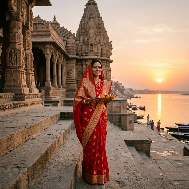 Hindu Woman in Red Saree by Riverside Temple