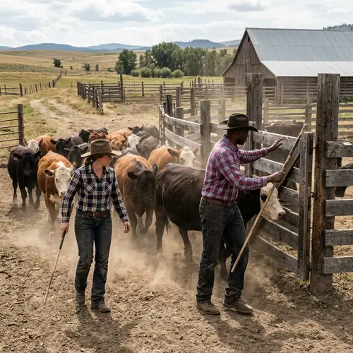 Rustic Agricultural Scene: Working Together to Move Cows