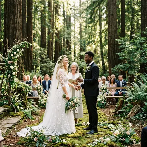 Enchanting Woodland Wedding Ceremony of Caucasian Bride and Black Groom
