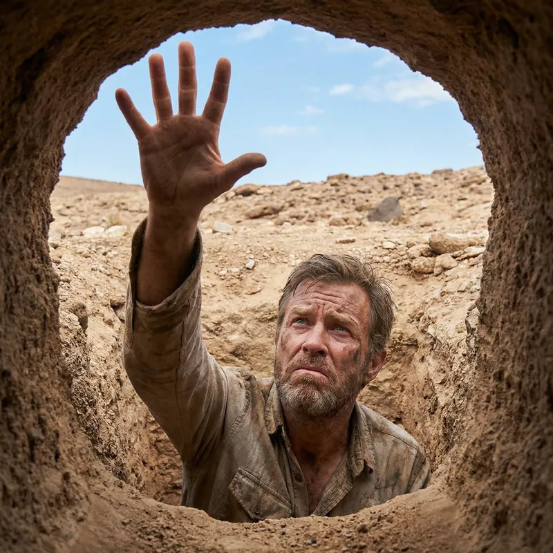Middle-Aged Man Trapped in Deep Hole, Reaching for Help Middle-Aged Man Trapped in Deep Hole, Reaching for Help
