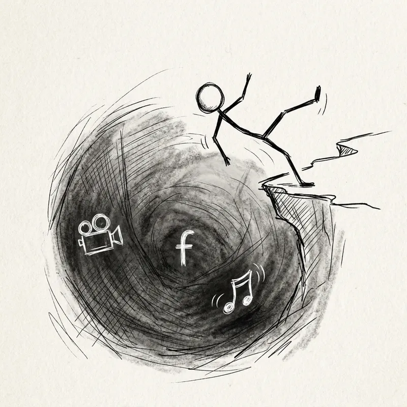 Surreal Stick Man Falling Artwork with Digital Platform Logos