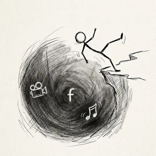 Surreal Stick Man Falling Artwork with Instagram, Facebook, and TikTok Logos