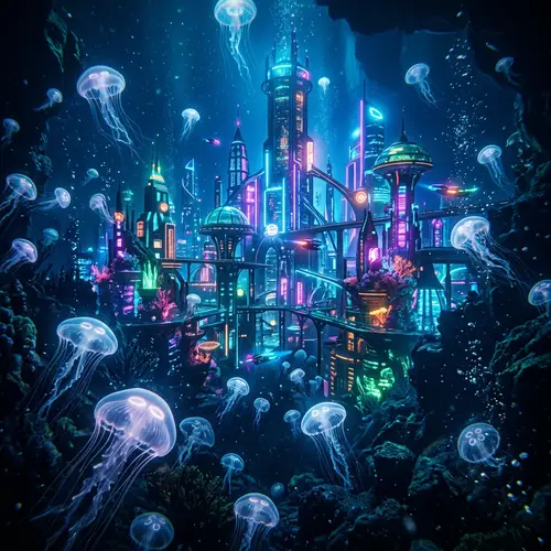 Surreal Underwater City: Neon Buildings & Glowing Jellyfish