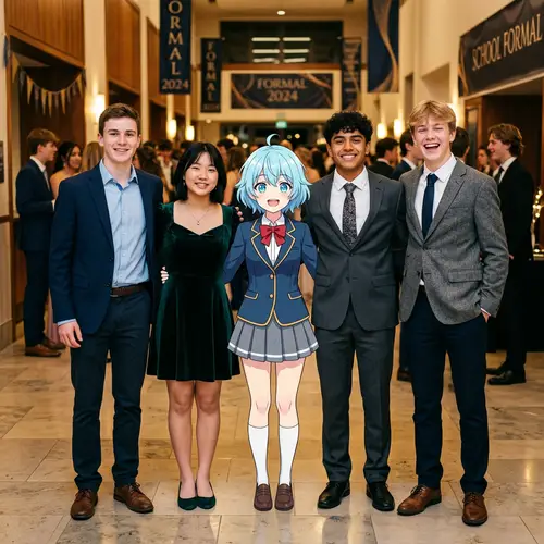 Diverse Group of Stylish Teenagers with Innocent Anime Character