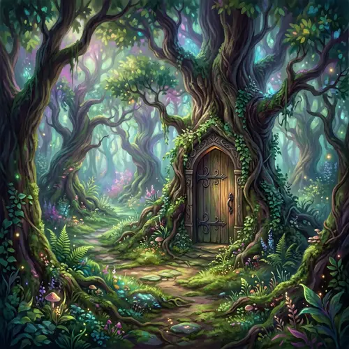 Mystical Forest Artwork with Twisted Trees | Enchanting Scene