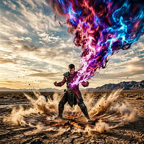 Muscular Character Emitting Powerful Energy in Fiery Colors