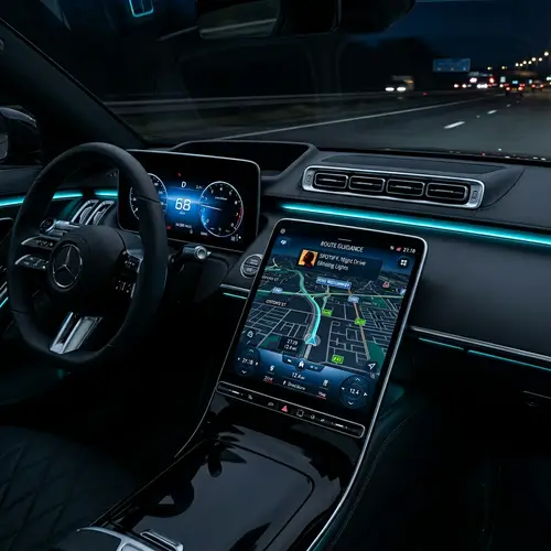 Modern Digital Car Dashboard: Touch Screen GPS & LED Indicators