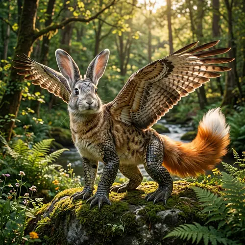 Hybrid Creature: Rabbit Head, Cat Body, Crocodile Limbs, Hawk Wings, Fox Tail