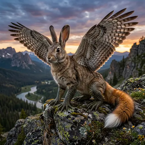 Mythical Hybrid Creature: Rabbit Head, Cat Body, Crocodile Limbs, Hawk Wings, Fox Tail