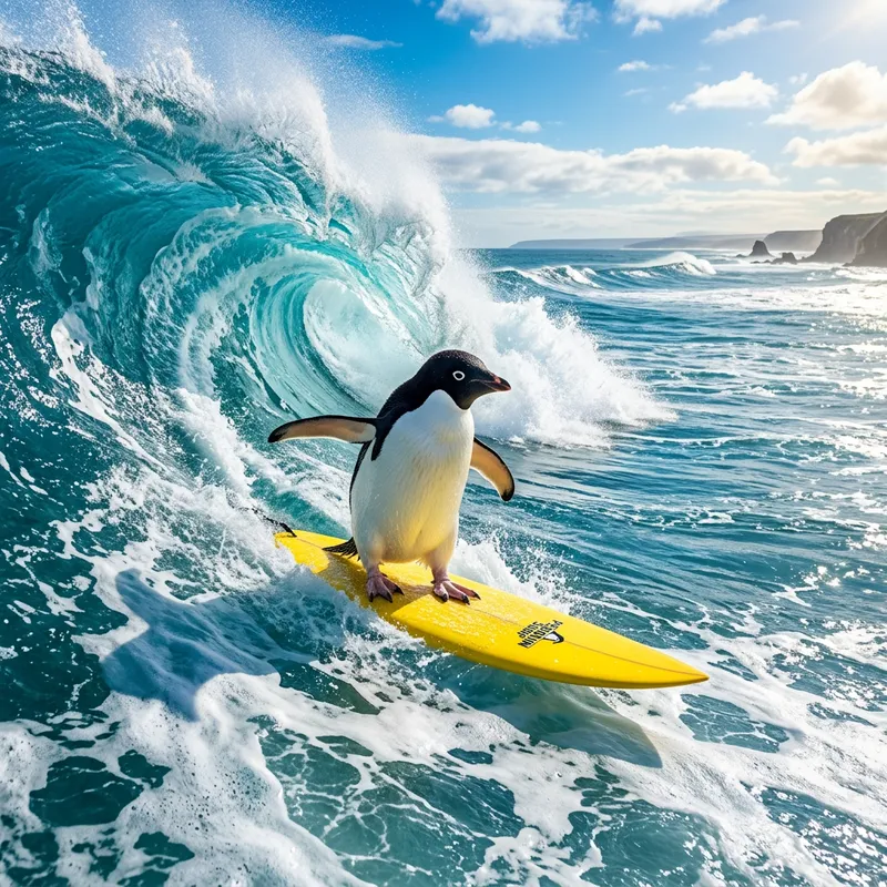 Penguin Surfing on a Yellow Board in Azure Waves Penguin Surfing on a Yellow Board in Azure Waves