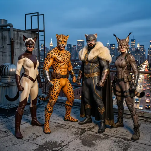Cat Superhero Team with Unique Feline-Inspired Outfits