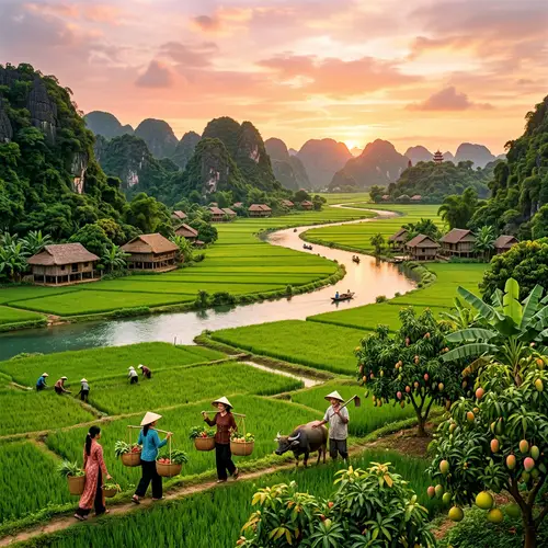 Vietnam's Serene Landscape: Rice Fields, Mountains & Traditional Life