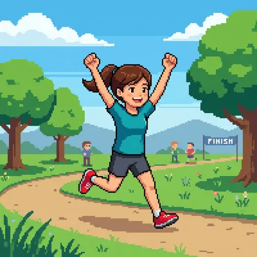 Pixel Art Girl Running with Hands in Air