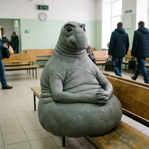 Fictional Plump Seated Animal Character Combo - Humorous Waiting Concept