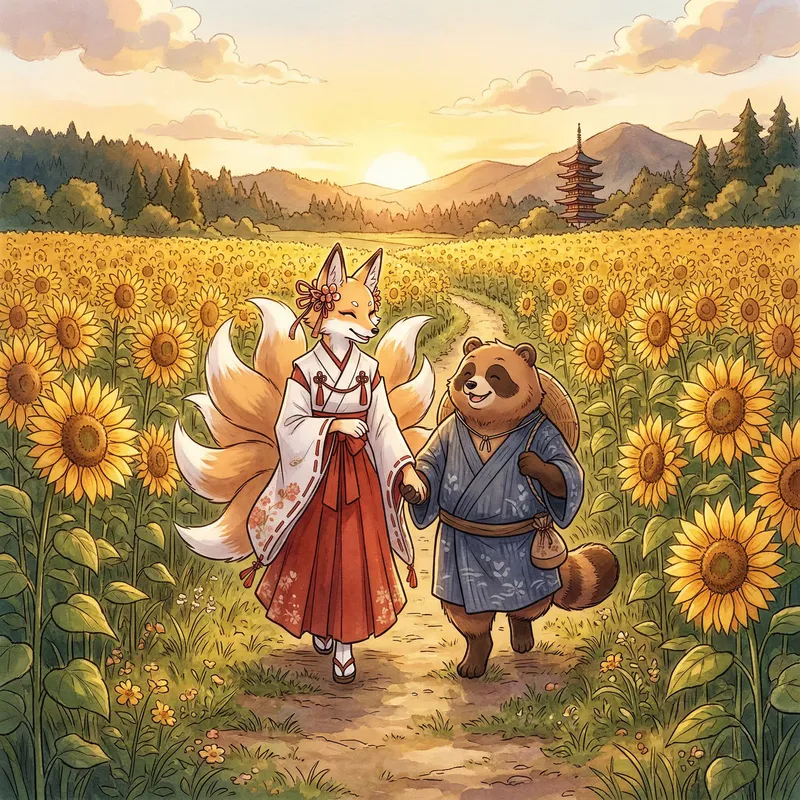 Kitsune and Tanuki: A Sunflower Field Adventure