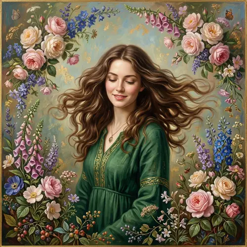 Woman with Spinning Hair Surrounded by Painted Flowers