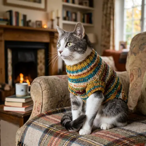 Cozy Grey and White Cat in Colorful Sweater