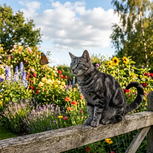Striking Emerald-Green Eyed Grey Tabby Cat on Rustic Fence