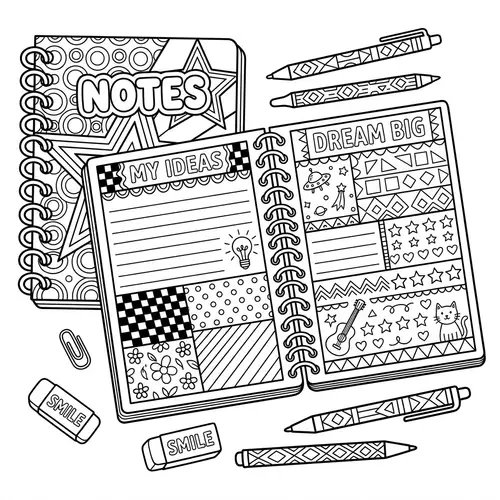 Detailed Notebook Black & White Line Drawing