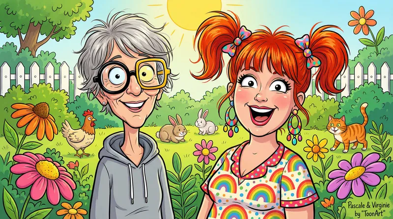 Funny Caricature of Pascale and Virginie in a Garden