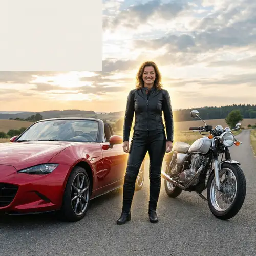 Photorealistic Woman in Leather Suit by Red Car and Motorcycle