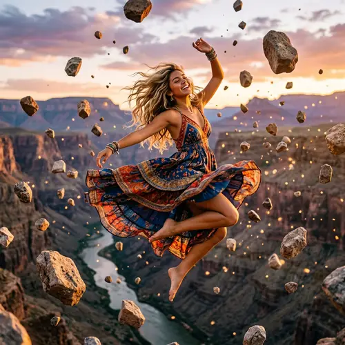 Blonde Hispanic Girl Dancing in Mid-Air Amongst Floating Stones