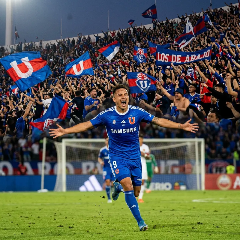 Club U. de Chile Football Player Celebrating Goal with Enthusiastic Fans