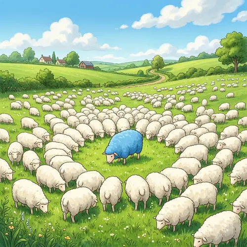Unique Blue Sheep Among Fluffy White Flock | Pastoral Scene