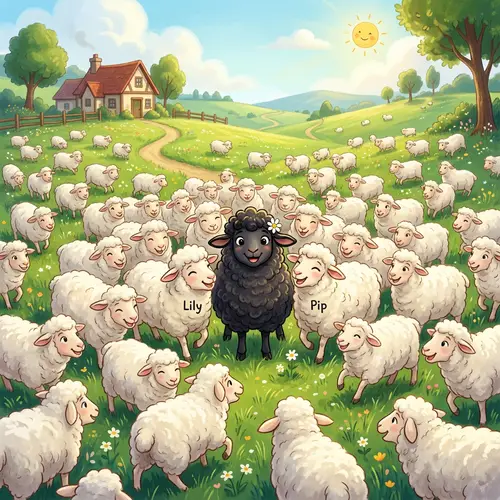 Whimsical Animated Scene with Black Sheep Standing Out