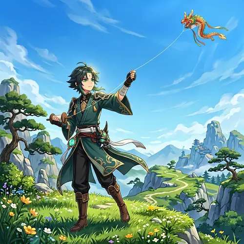 Xiao Genshin Impact Character Flying Kite | Tranquil Scene
