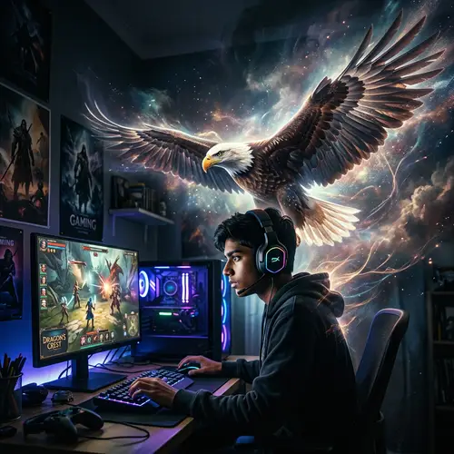 Teenage Gamer with Headphones and Majestic Eagle