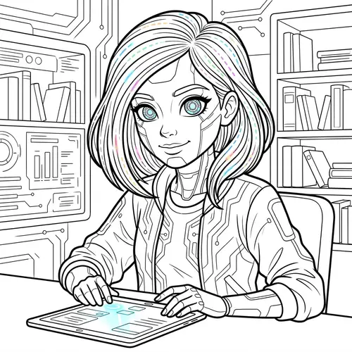 Coloring Page: Futuristic AI Teenage Girl