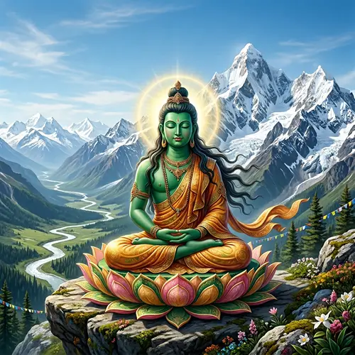 Meditating Buddha Surrounded by Snow-capped Mountains