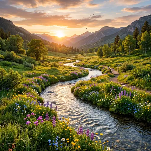 Tranquil Valley: Serene Stream & Verdant Flora
