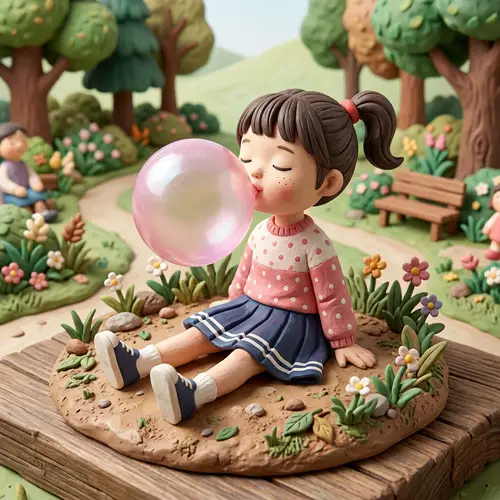 Korean Girl Blowing Bubbles - Clay Sculpture Art