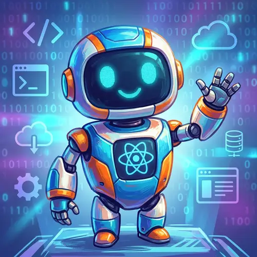 Friendly Coding Bot Helper with React Logo - Vibrant Digital Art