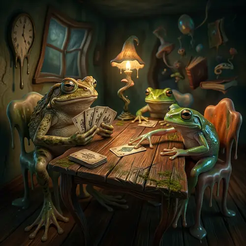 Whimsical Frogs Card Game in Surreal Lighting