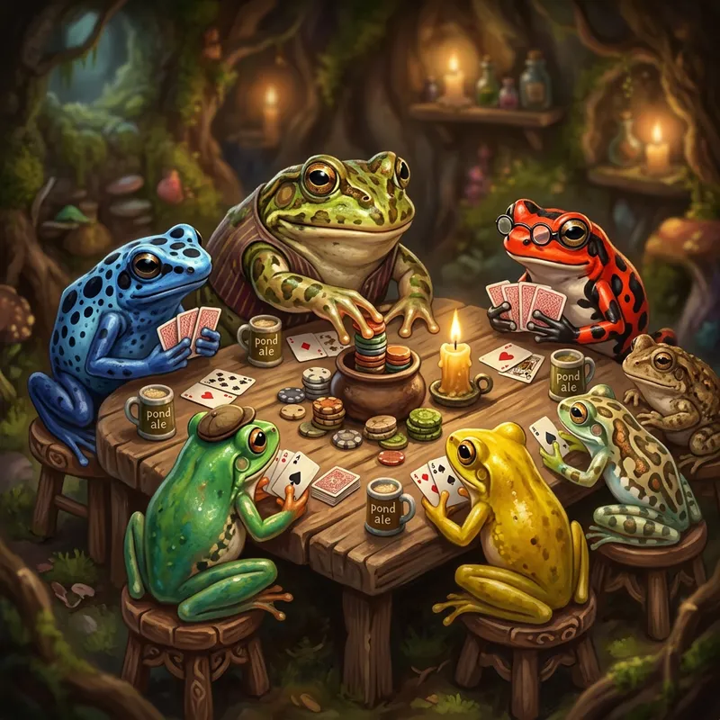 Frogs Poker Game: Vibrant Amphibian Fantasy & Whimsical Atmosphere