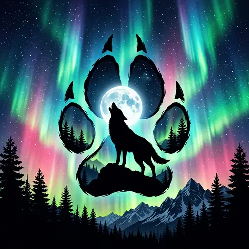 Paw Print with Howling Wolf Silhouette and Aurora Borealis