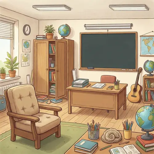 Tranquil Classroom Scene with Armchair, Blackboard, and Cabinet