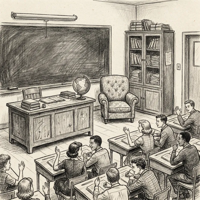 Classroom Drawing with Armchair, Blackboard, and Cabinet