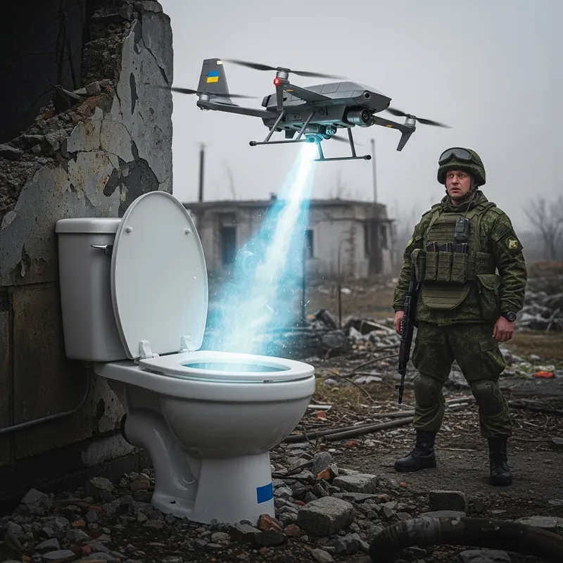 Ukrainian Drone Emerges from Toilet in Satirical Image