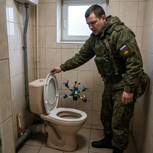 Ukrainian Drone Emerges from Toilet in Satirical Image