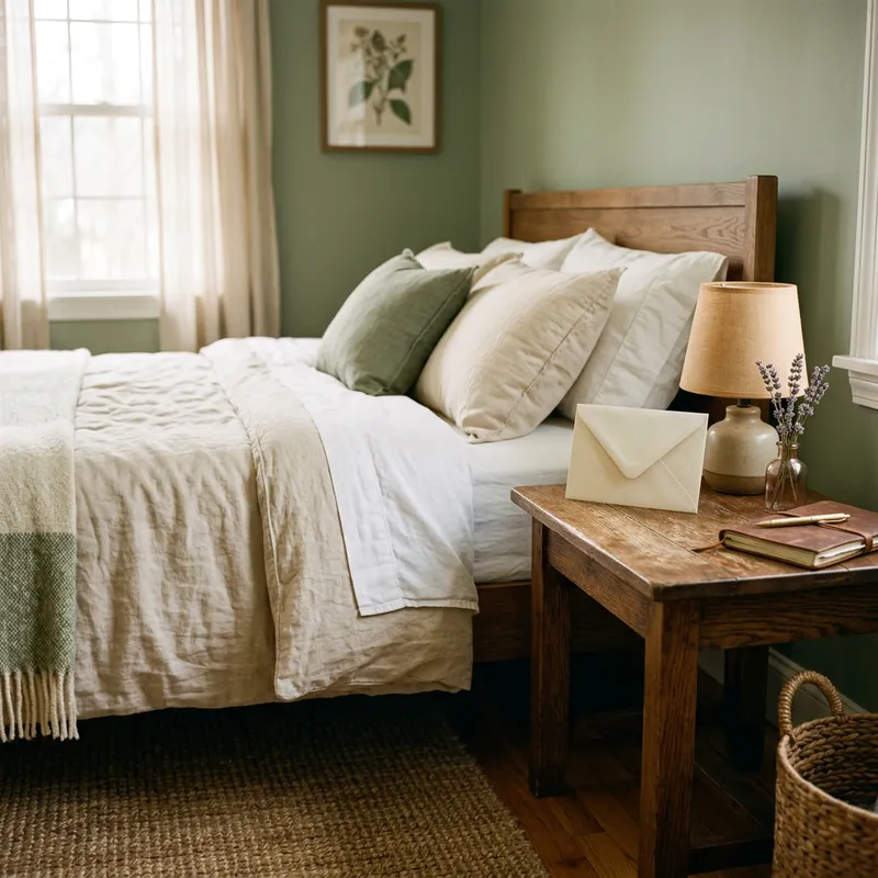 Cozy Bedroom with Nightstand, Envelope & Bed