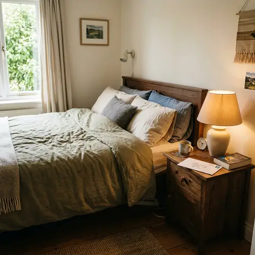 Room with Bed and Envelope on Nightstand